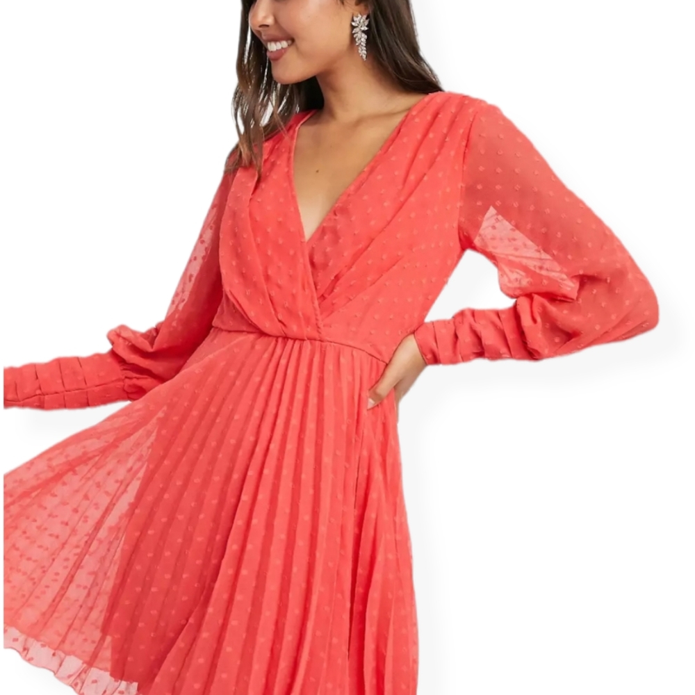 ASOS Design Pleated Wrap Coral Mini Dress in Dobby Spot Size 8